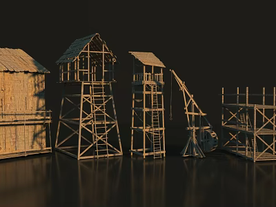 Wooden Architectural Structures With Vintage Designs Scaffolding Towers Roofs And Ladders 3d model