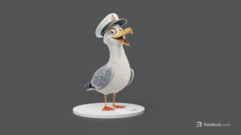 Cartoon 3D Seagull Model Wearing Captain Hat Standing On White Base 3d model 