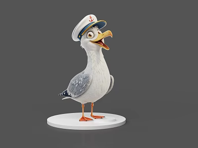 Cartoon 3D Seagull Model Wearing Captain Hat Standing On White Base 3d model