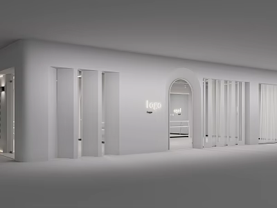 Modern Minimalist Exhibition Space With White Walls Arched Entrance And Glass Doors 3d model