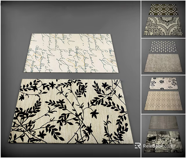 Square Rugs With Various Patterns Including Leaf Motifs And Geometric Designs 3d model