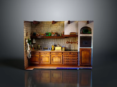 Rustic Kitchen Interior Design With Brick Wall Wooden Cabinets And Shelves Stocked With Kitchen Items 3d model