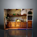Rustic Kitchen Interior Design With Brick Wall Wooden Cabinets And Shelves Stocked With Kitchen Items