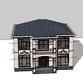Detached Villa With White Exterior Black Roof Symmetrical Windows Black Door Balcony And Green Lawn