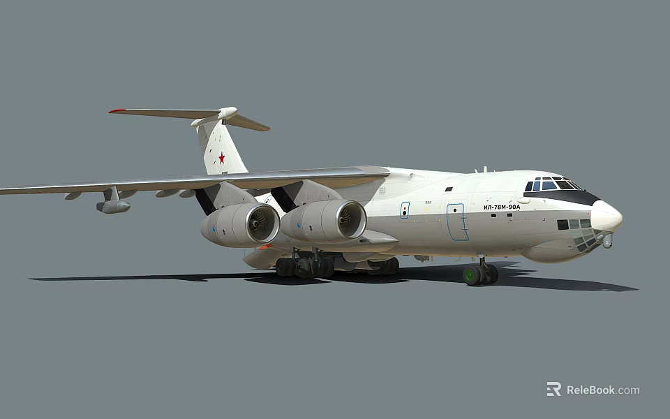 White Military Transport Aircraft With Four Engines And Red Star On Tail 3d model 