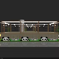 Commercial Street Decorative Display With Panda Dolls Bamboo Plants Chairs Wooden Crate And Grass Lawn