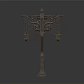 Vintage Carved Building Lamp Post With Double Orange Lanterns And Intricate Metal Design