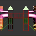 Colorful Playground Building With Slides Climbing Structures Green Roofs And Red Frames