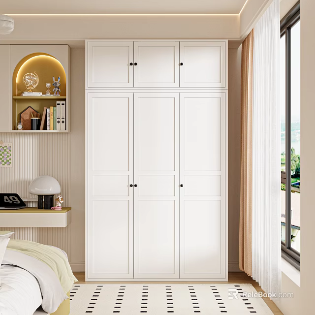 Modern White Wardrobe with Multiple Doors and Built in Shelf with Lighting Near Window 3d model 