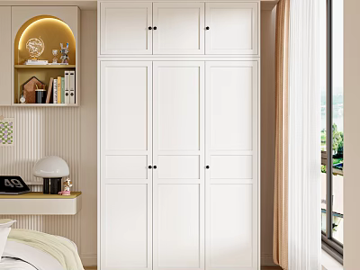 Modern White Wardrobe with Multiple Doors and Built in Shelf with Lighting Near Window 3d model