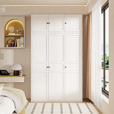 Modern White Wardrobe with Multiple Doors and Built in Shelf with Lighting Near Window 3d model
