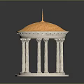 Classical Gazebo Structure With Golden Dome And White Columns On Circular Base