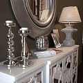 White Console Table With Carved Design Mirror Table Lamp Decorative Items On Gray Wall 3d model
