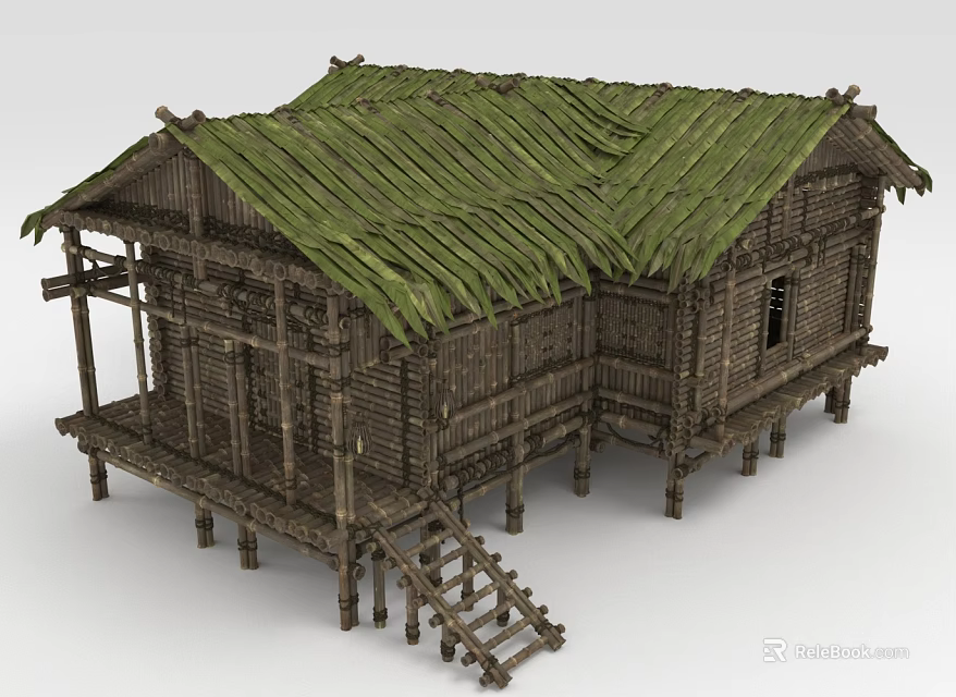 Traditional Rustic Bamboo House With Thatched Roof Stilted Design And Wooden Stairs 3d model 