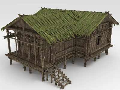 Traditional Rustic Bamboo House With Thatched Roof Stilted Design And Wooden Stairs 3d model