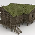 Traditional Rustic Bamboo House With Thatched Roof Stilted Design And Wooden Stairs