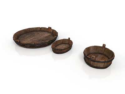 Rustic Wooden Trays with Handles in Three Sizes for Home Storage 3d model