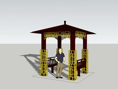 Traditional Pavilion Design With Brown Roof Golden Decorations And Wooden Bench 3d model