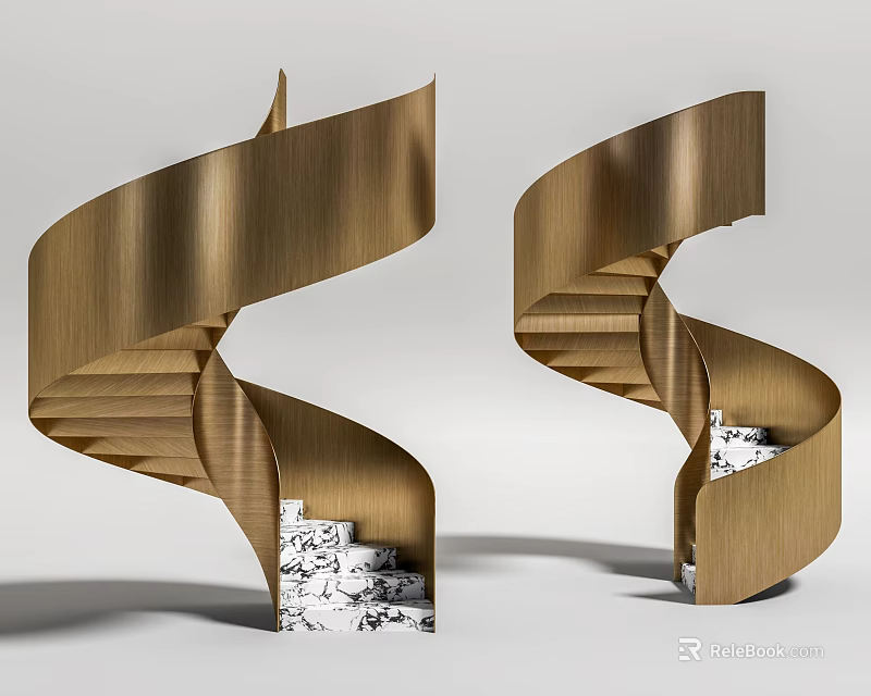 Modern Spiral Staircase With Sleek Brass Structure And Patterned Marble Steps 3d model