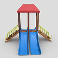 Playground Equipment With Red Roof Wooden Structure Blue Double Slides And Yellow Railings