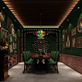 Vintage Themed Interior Design Featuring Green Walls Red Curtains Colorful Pendant Lights And Wall Decor