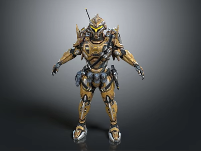 Futuristic Warrior In Golden Yellow Mech Suit With Advanced Armor Details 3d model