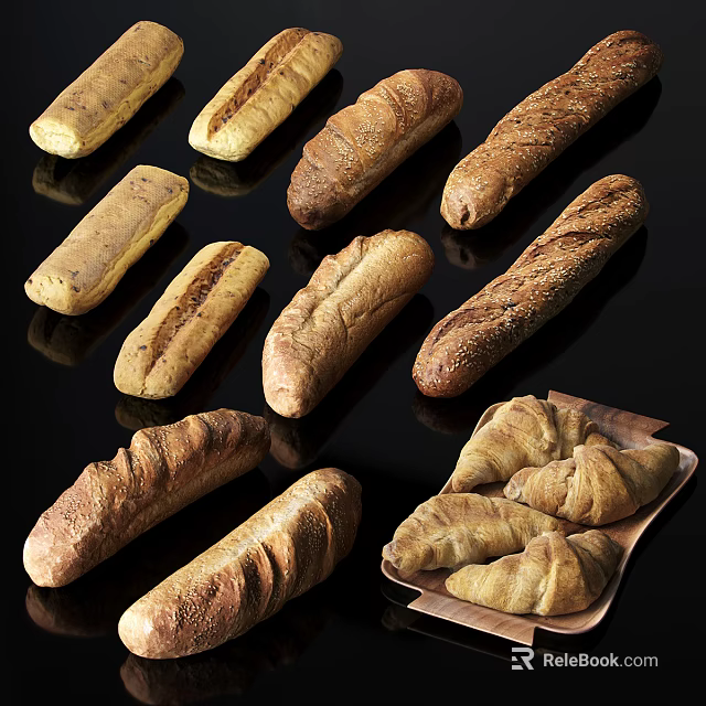 Fresh Assorted Bread Varieties Including Croissants And Sesame Seed Loaves On Wooden Tray 3d model 