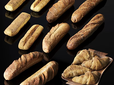 Fresh Assorted Bread Varieties Including Croissants And Sesame Seed Loaves On Wooden Tray 3d model