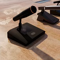 Formal Conference Room With Wooden Long Table Microphones Table Lamp And Tablet