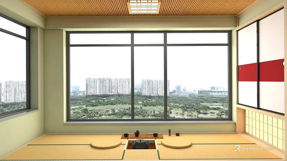 Traditional Tea Room Interior With Wooden Ceiling Large Windows City View And Tatami Mats 3d model 