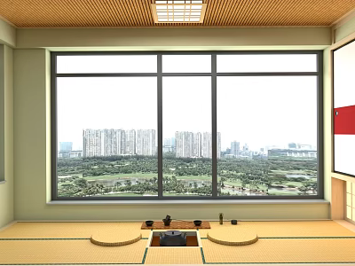 Traditional Tea Room Interior With Wooden Ceiling Large Windows City View And Tatami Mats 3d model