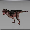 Red Dinosaur Model With Green Stripes Horned Head Open Mouth Standing On Gray Reflective Floor