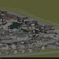 Aerial View of Modern Residential Buildings with Circular Pool Surrounding Roads and Green Spaces