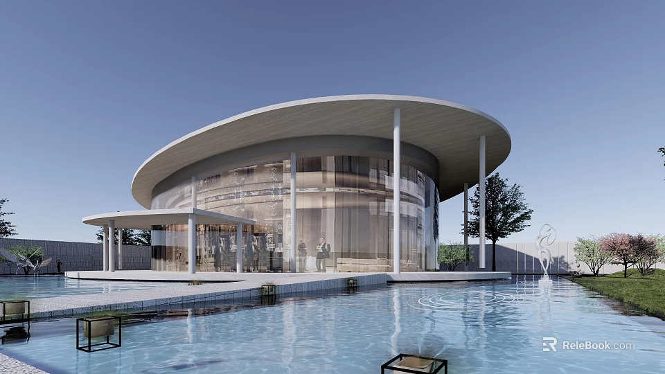 Modern Circular Sales Office Building With Glass Curtain Walls Curved Roof And Front Water Pool 3d model 