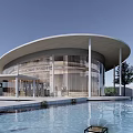Modern Circular Sales Office Building With Glass Curtain Walls Curved Roof And Front Water Pool 3d model