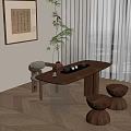 Modern Chinese Wooden Tea Table and Chairs with Stools Tea Set Near Window Plant