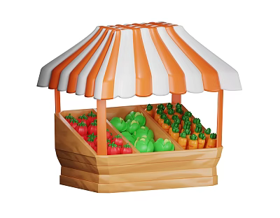 Garden Landscape Featuring Vegetable Stall With Orange White Striped Canopy Strawberries Green Peppers And Carrots 3d model