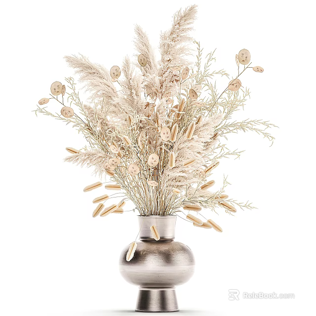 Elegant Decorative Ornament Set with Silver Vase and Natural Dried Flowers 3d model 