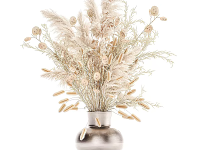 Elegant Decorative Ornament Set with Silver Vase and Natural Dried Flowers 3d model
