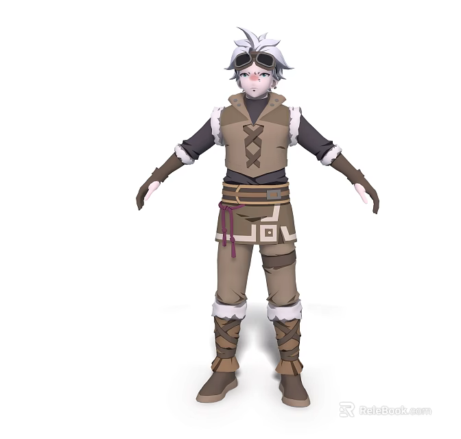 Adventurous Game And Movie Character With White Short Hair Goggles And Brown Outfit 3d model 