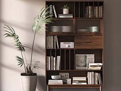 Modern Wooden Bookcase With Stacked Books Decorative Photo Frame And Large Potted Plant Beside 3d model