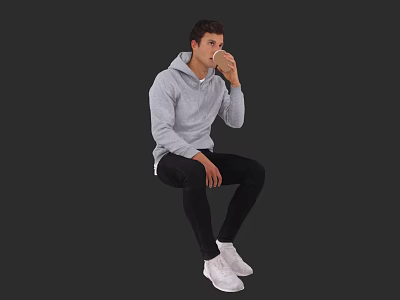 Man Sitting And Drinking From Cup In Gray Hoodie Black Pants White Sneakers Dark Background 3d model