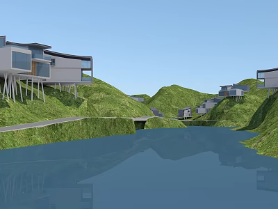 Modern Detached Villa on Hillside with Water View and Natural Scenery 3d model