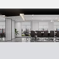 Modern Office Interior Design With Desk Chairs Sofa Wooden Bookshelves Pendant Lights And Green Plant