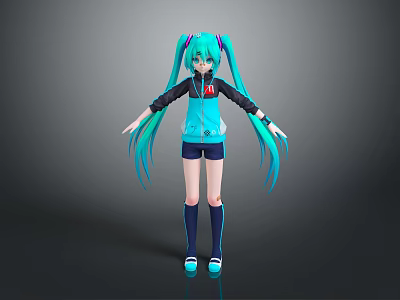 Game Anime Character With Teal Long Twin Tails And Blue Hoodie Shorts Outfit 3d model