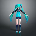 Game Anime Character With Teal Long Twin Tails And Blue Hoodie Shorts Outfit