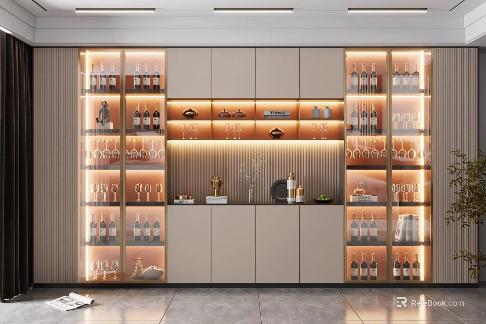 Elegant Modern Wine Cabinet Featuring Glass Doors LED Lighting Wine Bottle Display And Glass Racks 3d model 