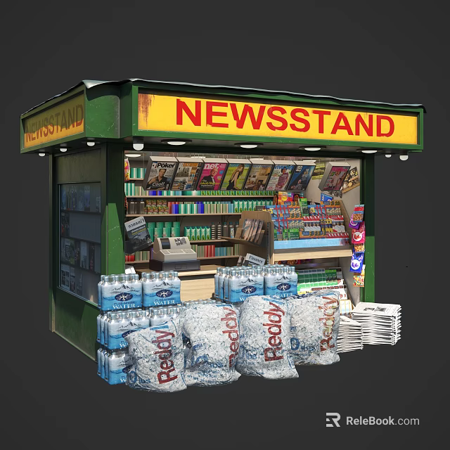 Green Yellow Exterior Newsstand Commercial Equipment With Magazines Newspapers Bottled Water And External Goods 3d model 