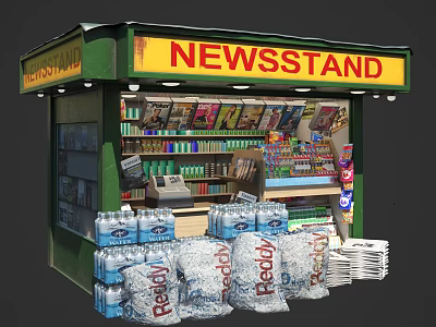 Green Yellow Exterior Newsstand Commercial Equipment With Magazines Newspapers Bottled Water And External Goods 3d model