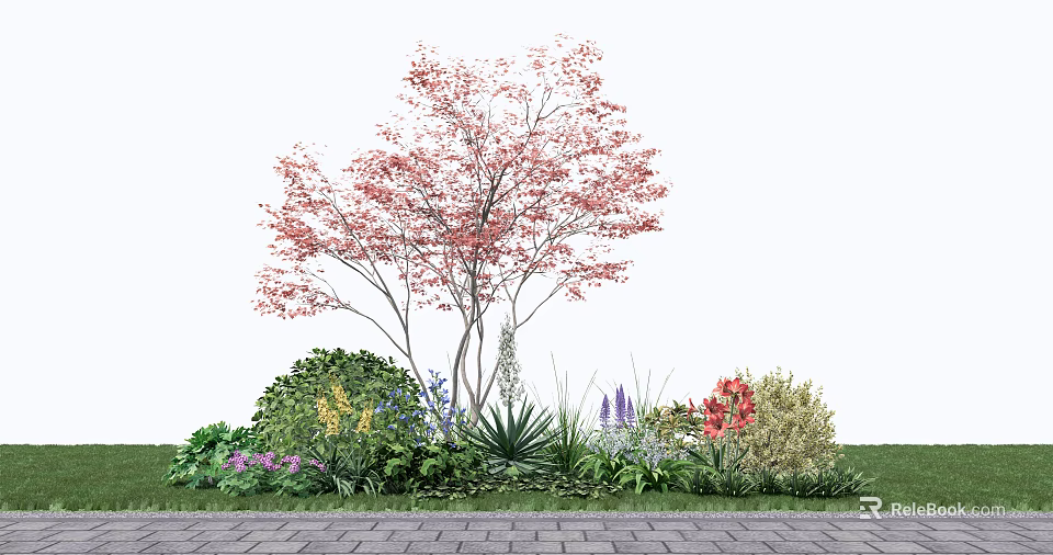 Garden Shrubs with Colorful Flowers Green Foliage Stone Path and Grass Landscape 3d model 